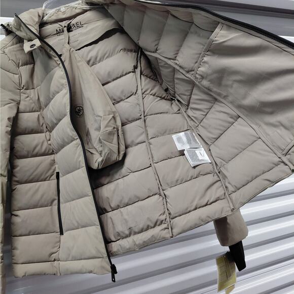 Michael Michael Kors Womens Down Puffer Jacket Coat Large Taupe Hooded Packable - Picture 7 of 13